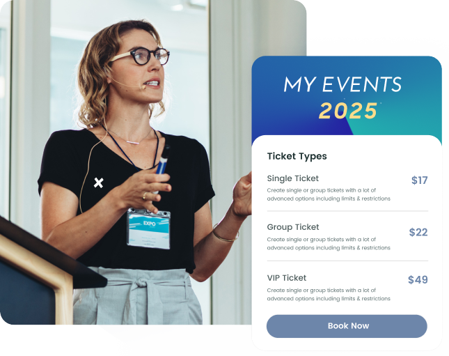 A web page for purchasing event tickets with options for Single, Group, and VIP tickets, each with a different price.